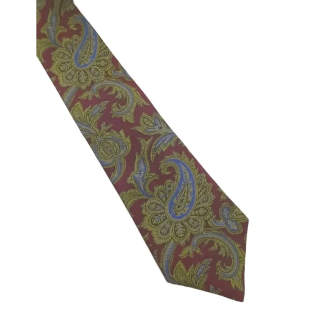 Chaps Ralph Lauren 100% Silk Necktie Paisley‎ Floral Wine Red Blue Gold 57